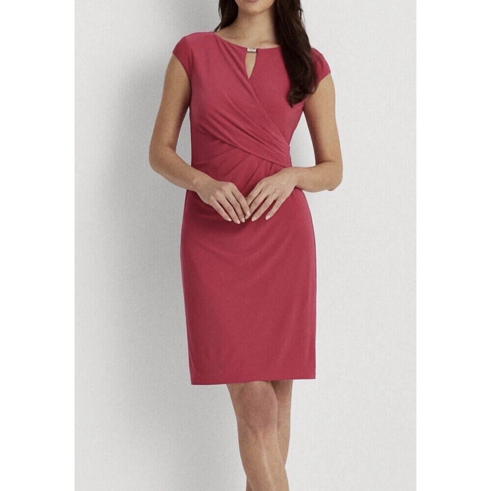 LAUREN Ralph Lauren Magenta Faux Wrap Sheath Dress 16 Stretch Cap Sleeve Wedding